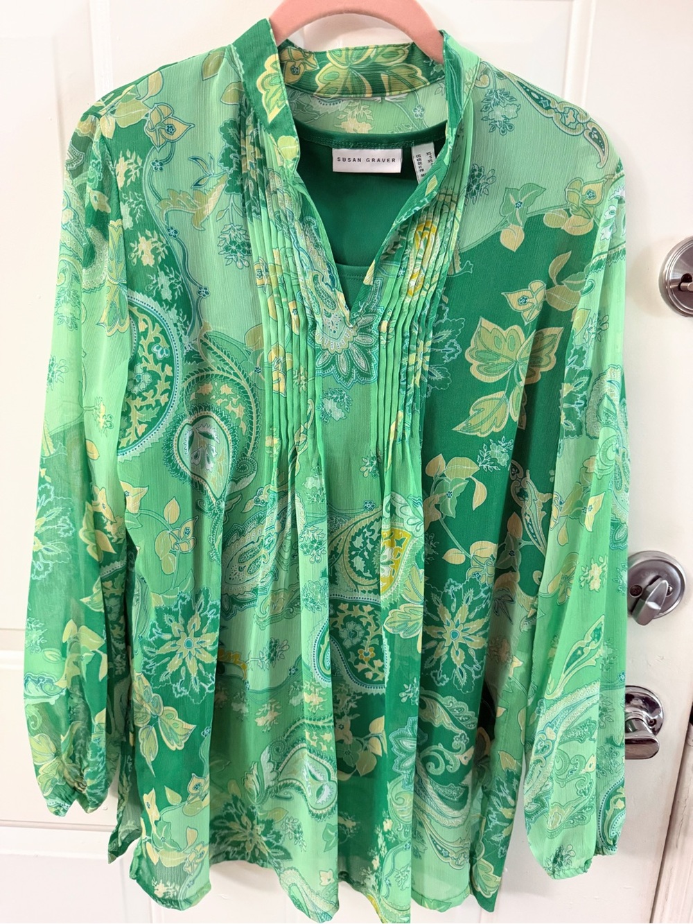 Susan Graver Green Printed Pintuck Blouse